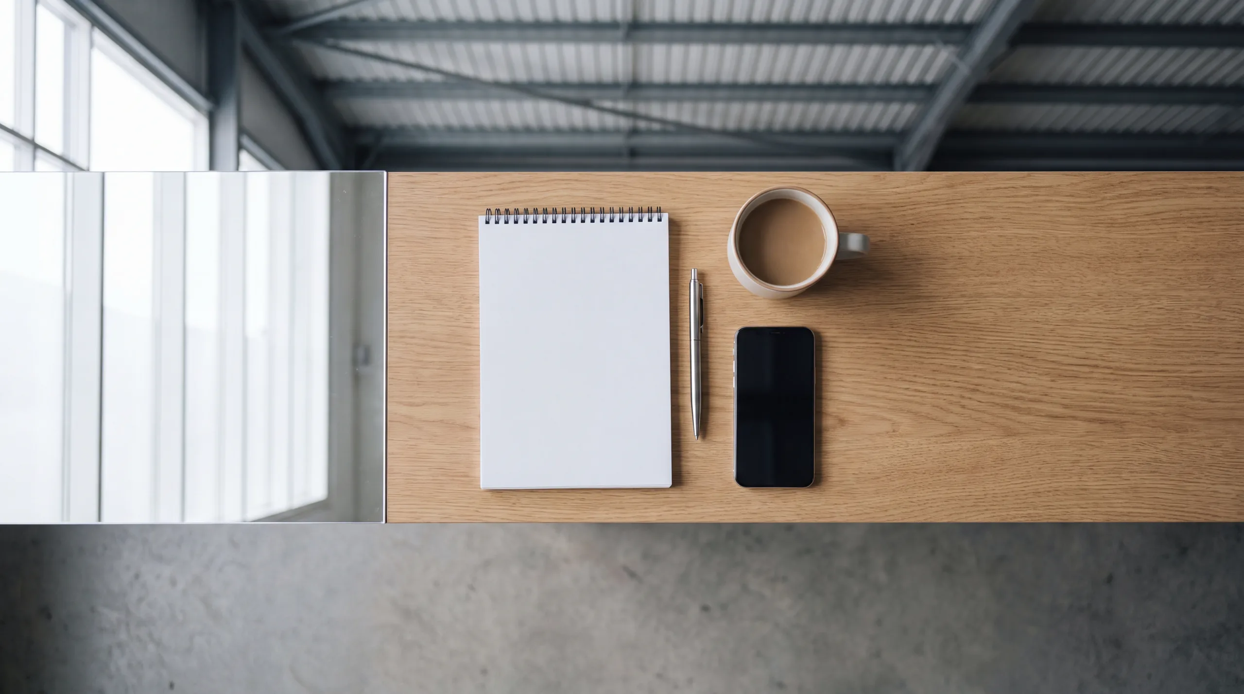 A tidy service desk seen from above with a notepad, pen and coffee cup