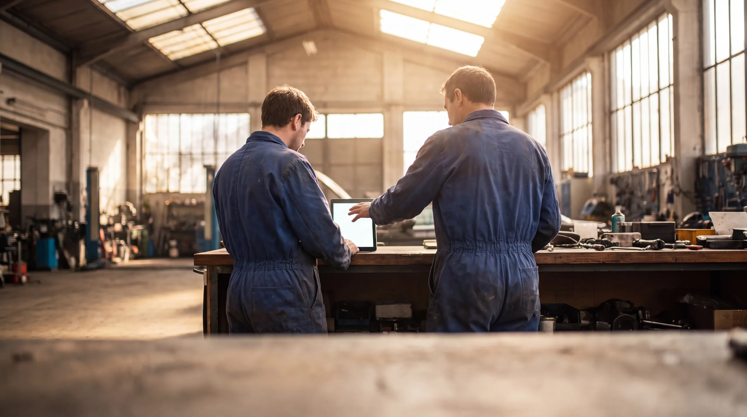 Two people in workshop uniforms at a counter looking at a tablet