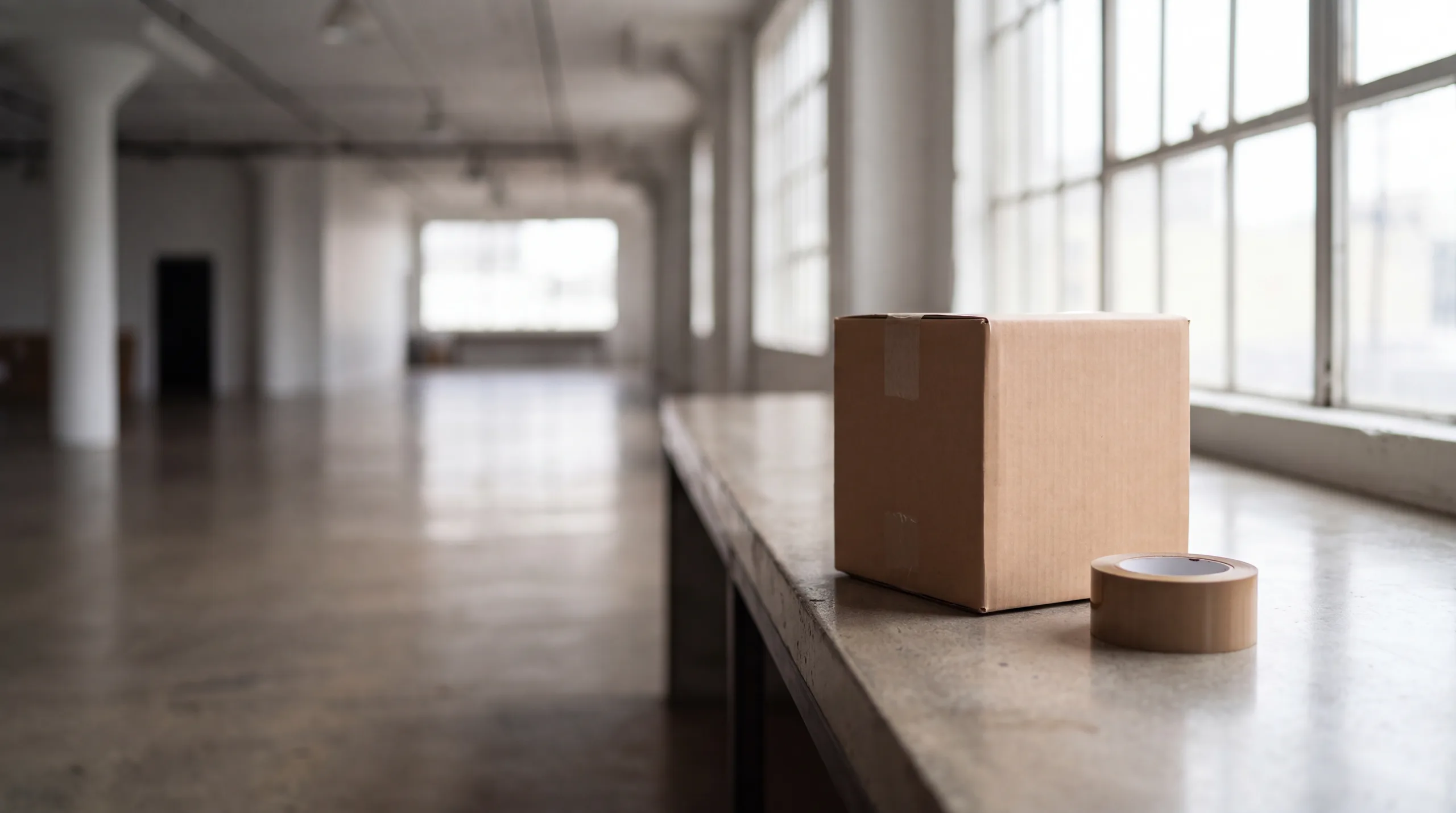 A sealed cardboard box on a clean counter with a roll of packing tape beside it