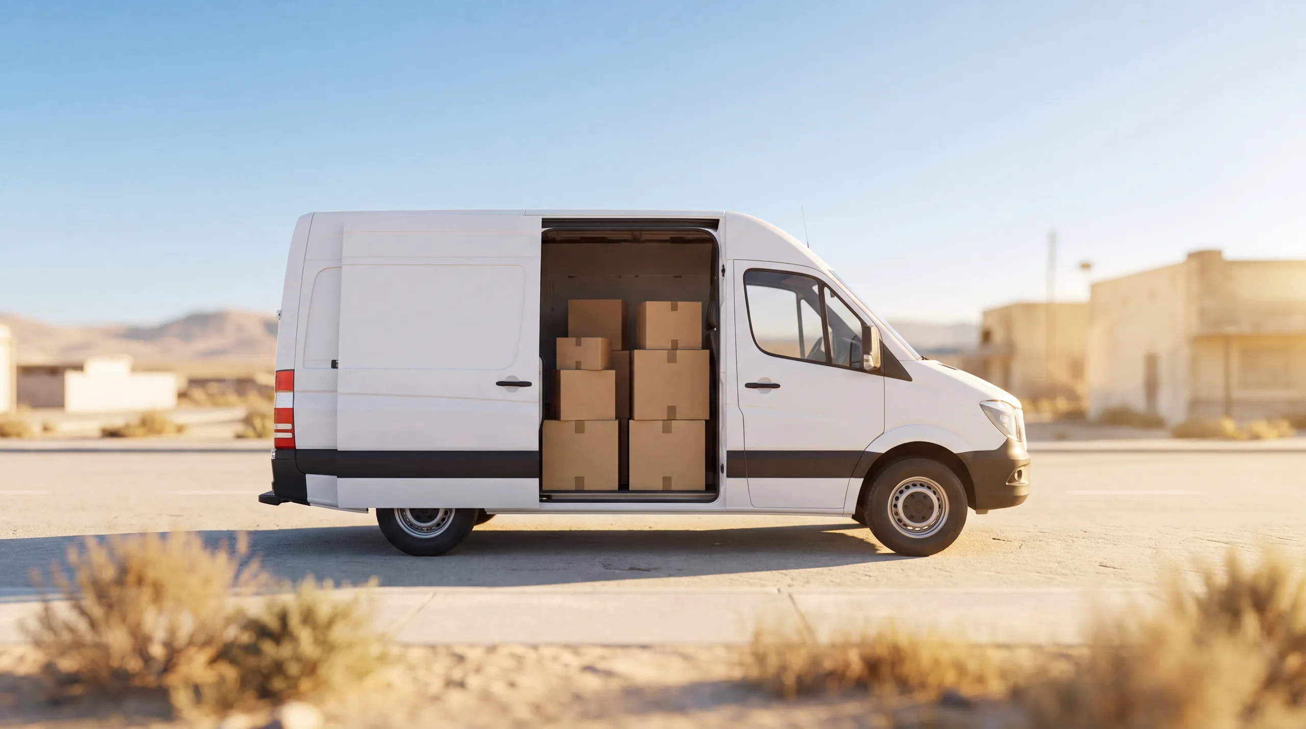 A white delivery van with its side door open showing neat cardboard boxes